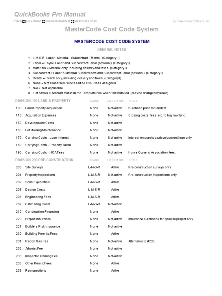 Mastercode Cost Code System Quickbooks Pro Manual PDF Framing