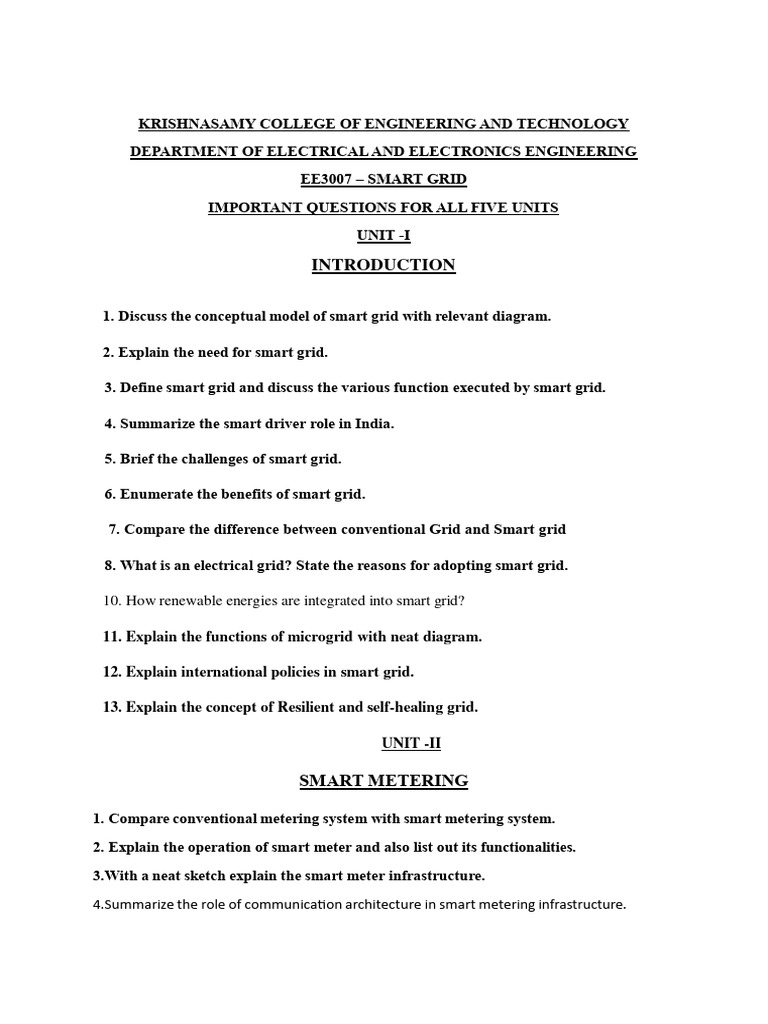 Ee3007 Smart Grid Important Questions Pdf Smart Grid Electrical Grid