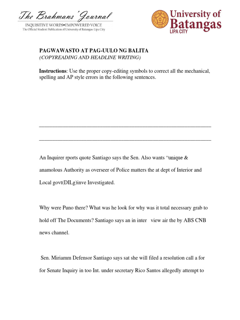 Copyreading and Headline Writing Test ENGLISH PDF