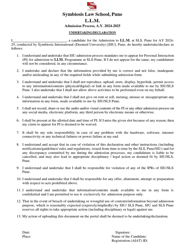 SLS Pune LLM Admission Undertaking 2024-25 | PDF | Justice | Crime ...