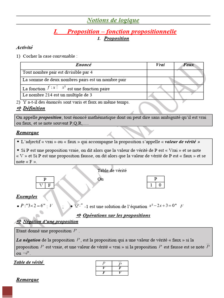 Notions de logique et propositions mathématiques | PDF | Vérité ...