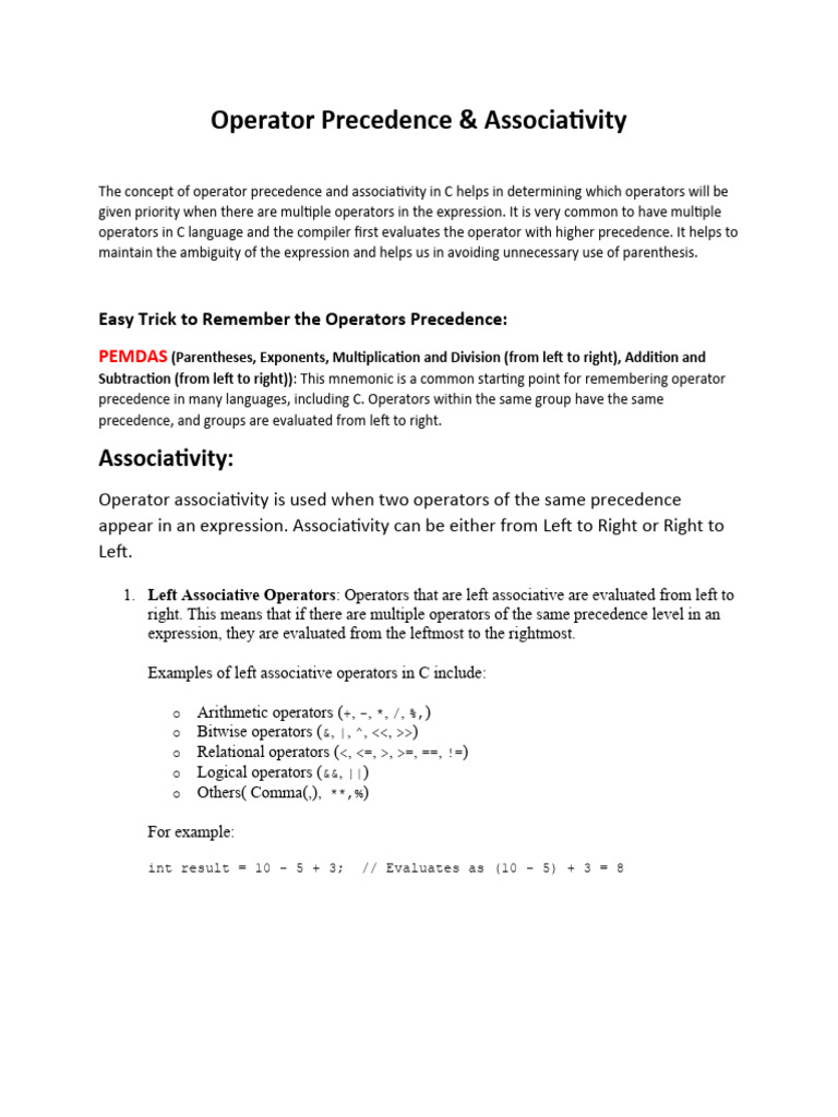 Operator Precedance & Associativity | PDF | Linguistics | Software ...