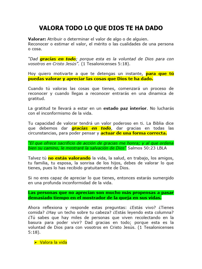 Valora Todo Lo Que Dios Te Ha Dado | PDF | Teología | Creencia ...