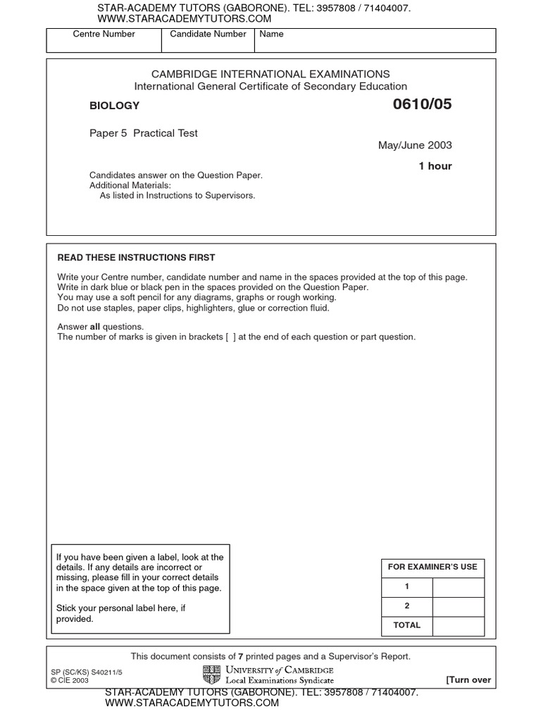 Bio Paper 5 2003 May (Igcse) | PDF