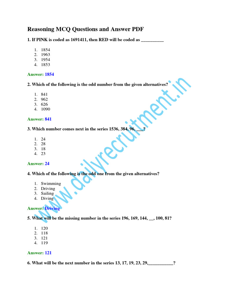 Reasoning MCQ Questions and Answer PDF | PDF