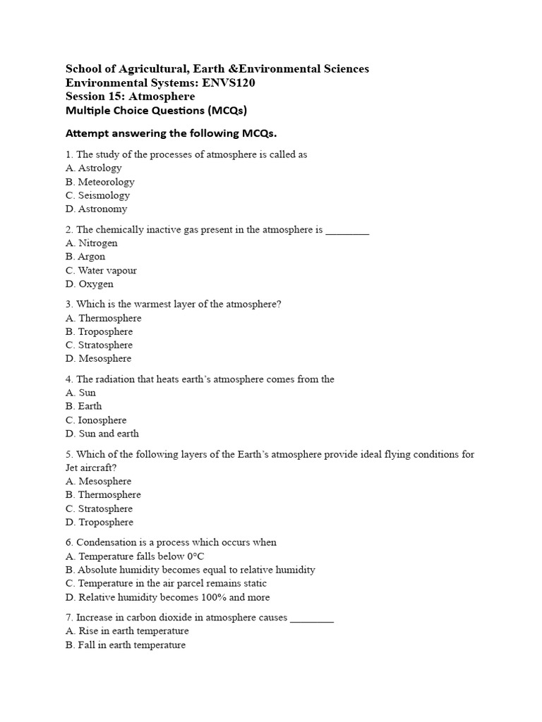 MCQs on Atmospheric Science Concepts | PDF | Atmosphere Of Earth ...