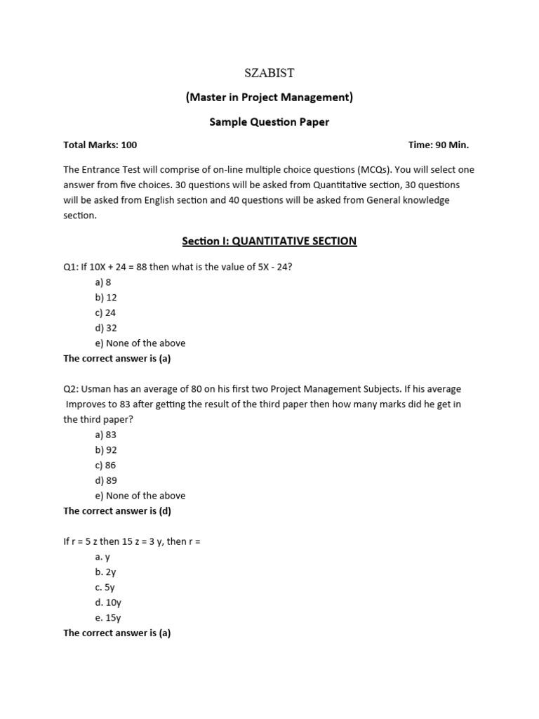 MPM Entrance Test Sample Paper 2024 | PDF | Multiple Choice