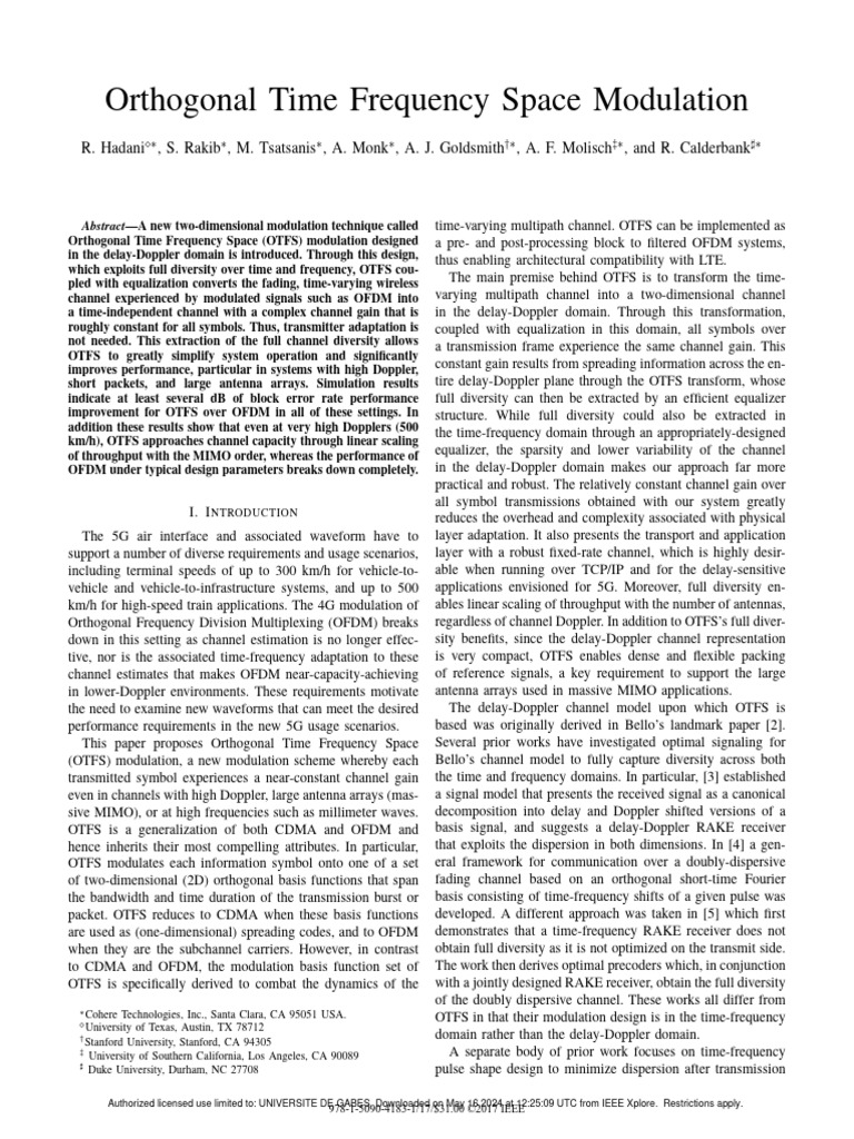 Orthogonal Time Frequency Space Modulation | PDF | Orthogonal Frequency ...