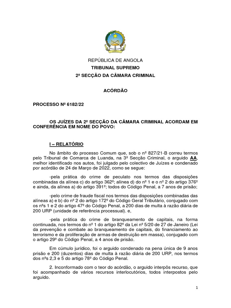Acórdão do Tribunal Supremo de Angola | PDF | Crime e Violência | Crimes