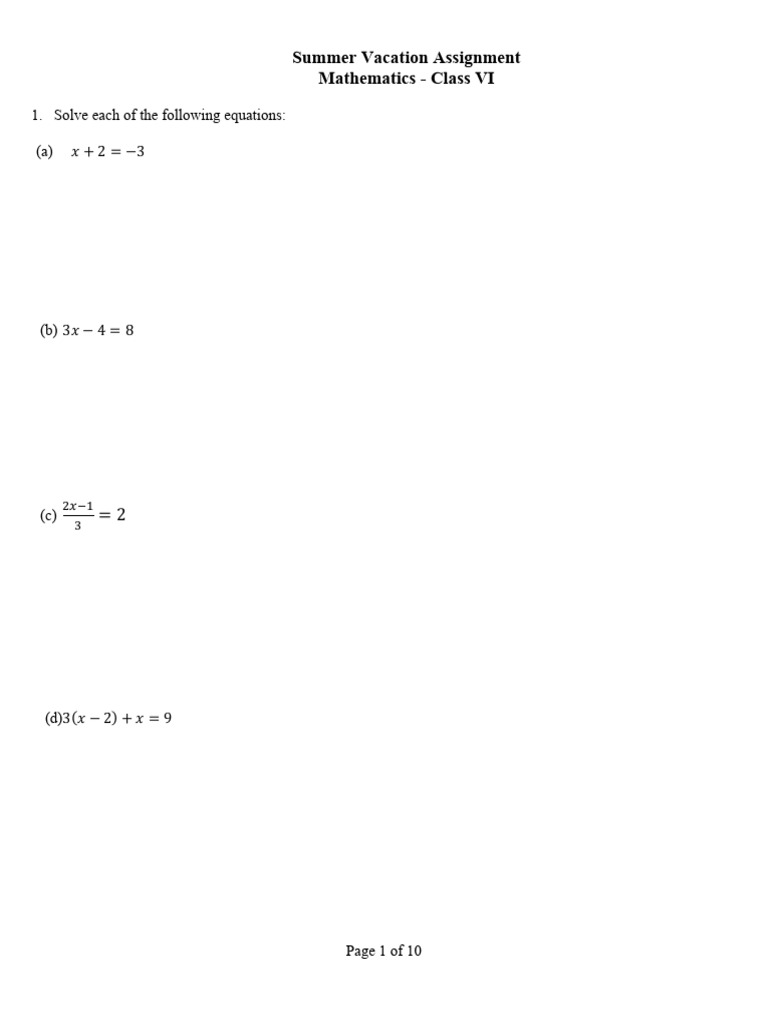 Class VI Summer Math Assignment | PDF | Equations | Mathematical Relations