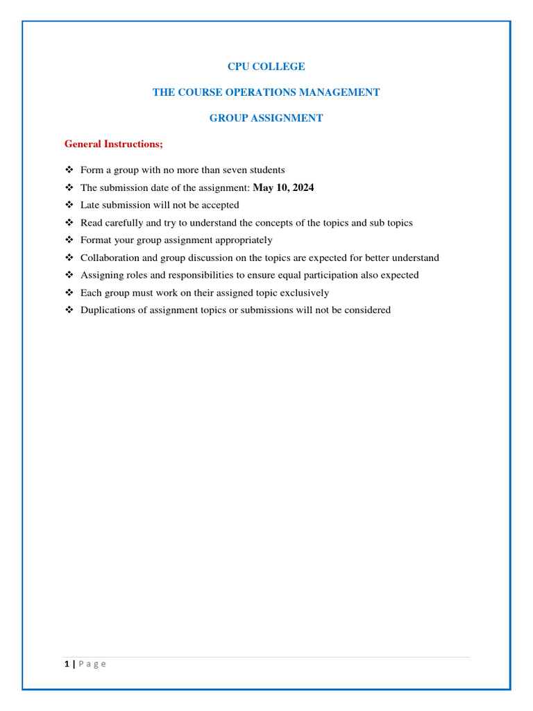 Operations management group assignment cpu college pdf operations