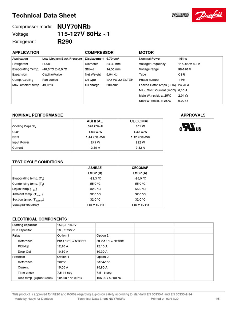 Danfoss - NUY70NRb - R290 - 115 - 60 | PDF | Capacitor | Electrical ...