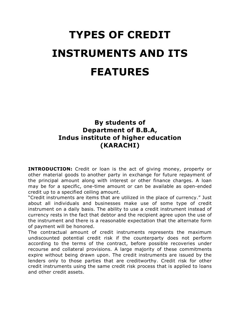 Types of Credit Instruments and Its Features PDF Promissory Note