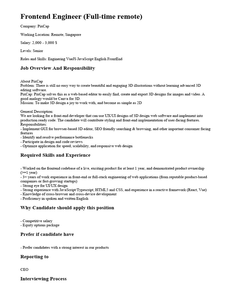 Frontend Engineer Full Time Remote | PDF | 3 D Computer Graphics ...