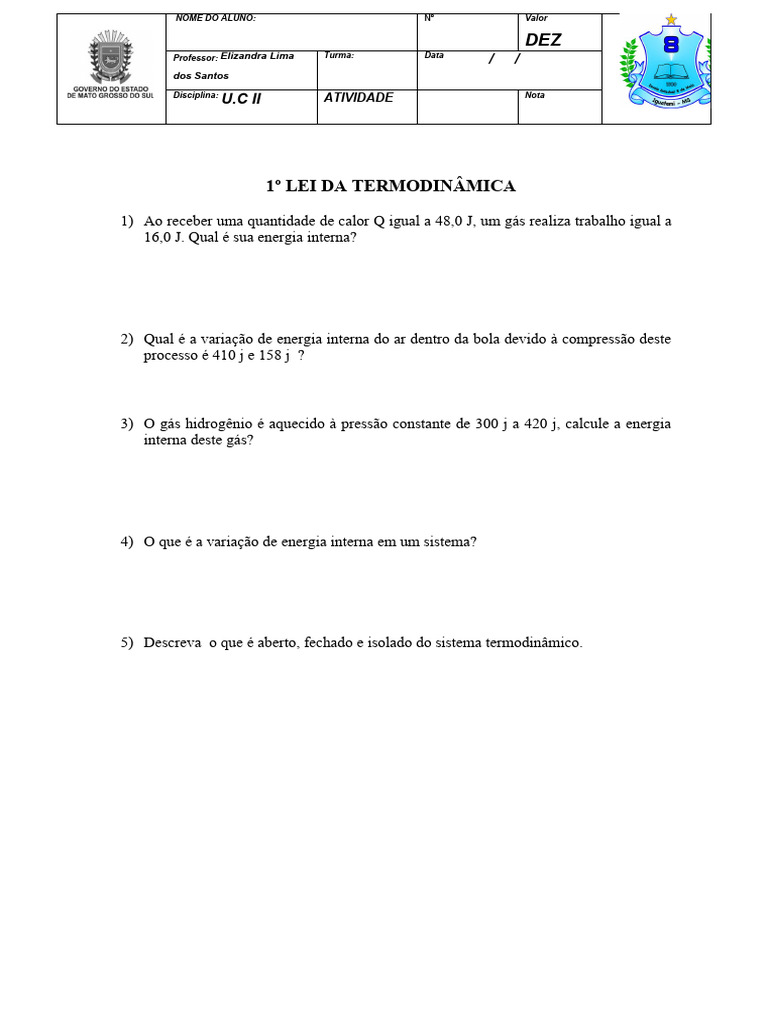 Atividades sobre a 1ª Lei da Termodinâmica | PDF | Calor | Termodinâmica