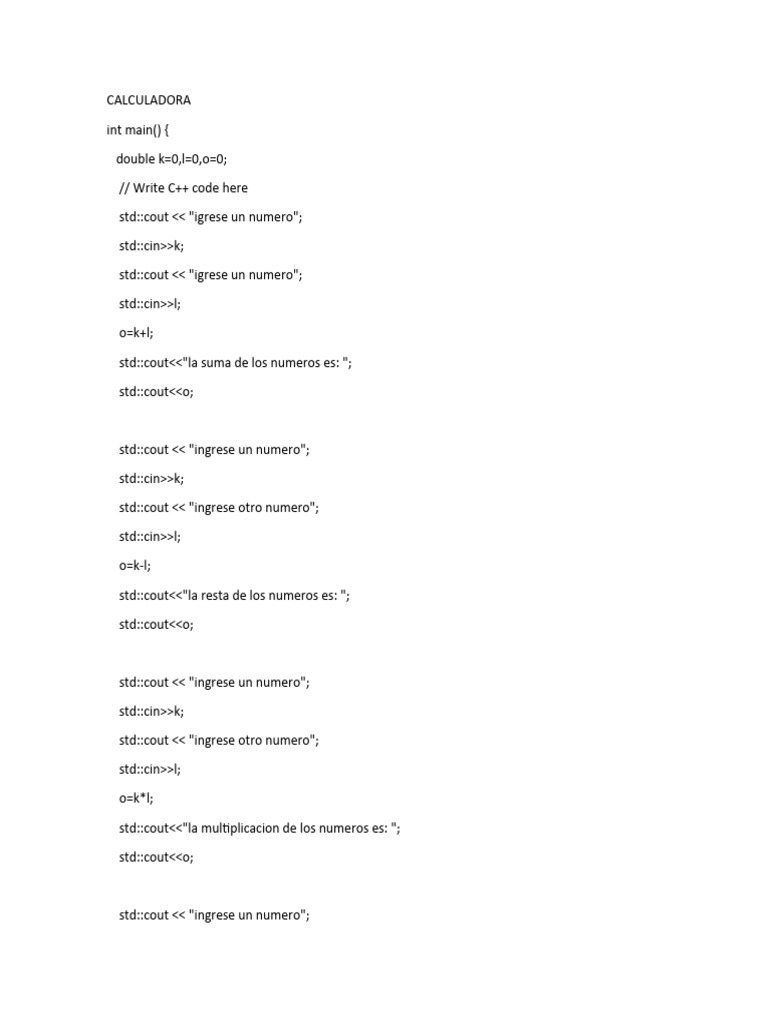 Calculadora en C++: Suma, Resta, Multiplicación y División | PDF