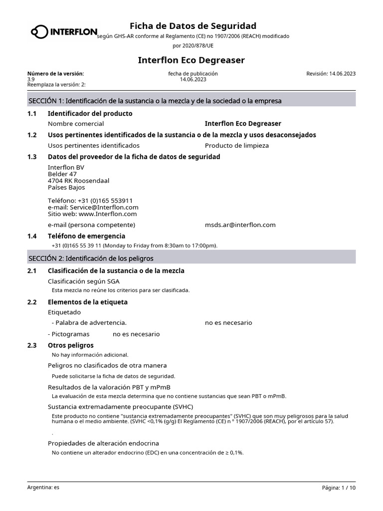 Copia de 9639 SDS AR Es Interflon Eco Degreaser | PDF | Química