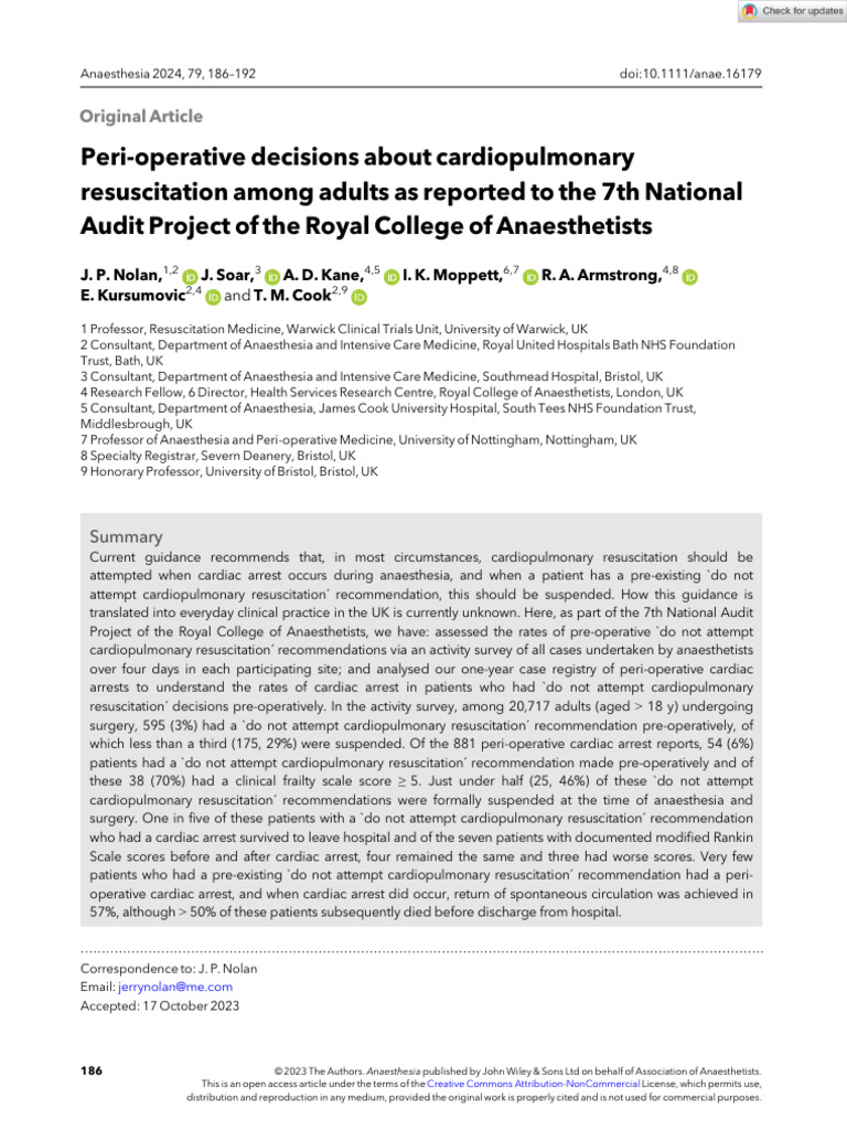 Anaesthesia 2023 Nolan Peri Operative Decisions About Cardiopulmonary ...