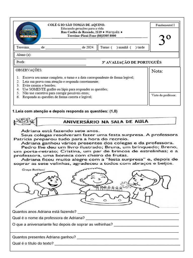 Avaliação de Português-Maio 3 Ano | PDF | Sílaba | Linguística
