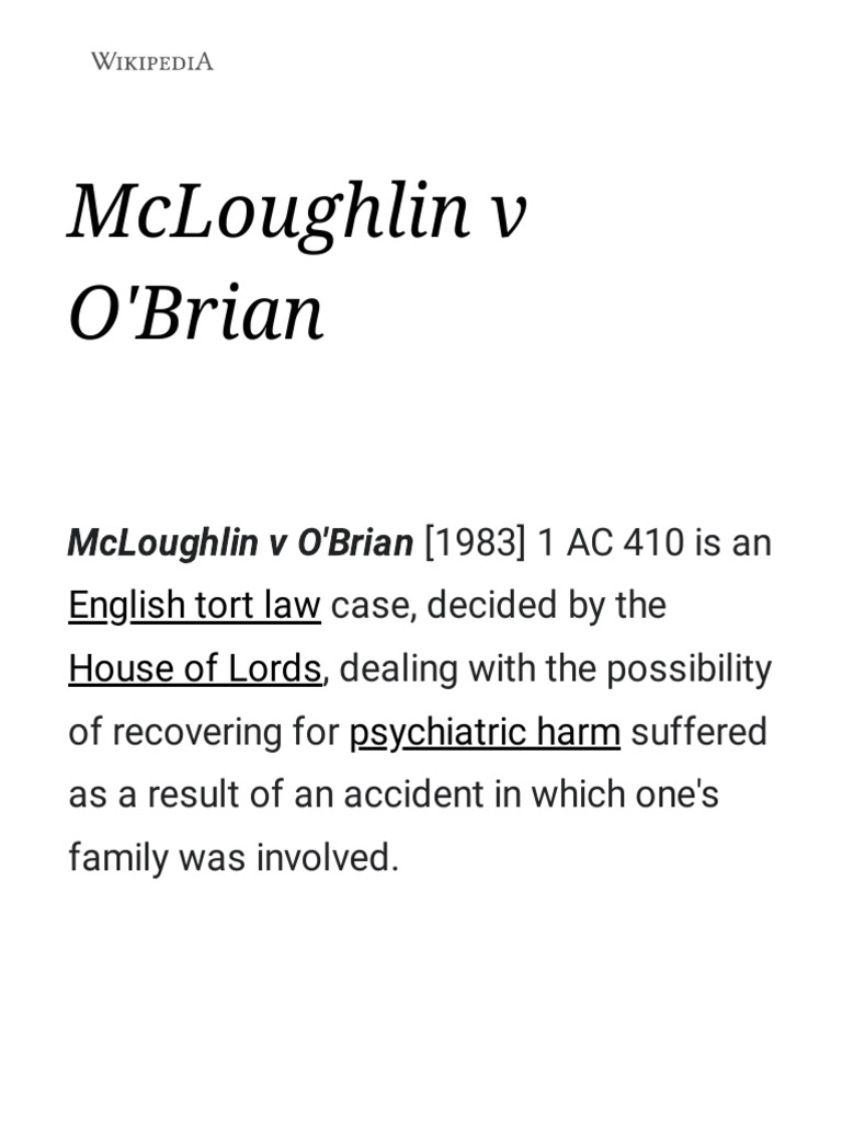 McLoughlin V O'Brian - Wikipedia | PDF | Common Law | Justice