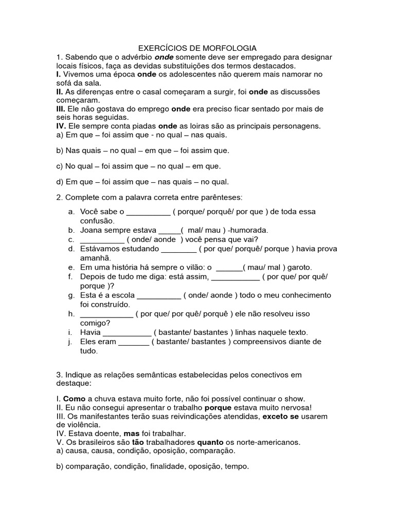 Exercícios de Morfologia e Gramática | PDF | Deficiência visual | Pronome
