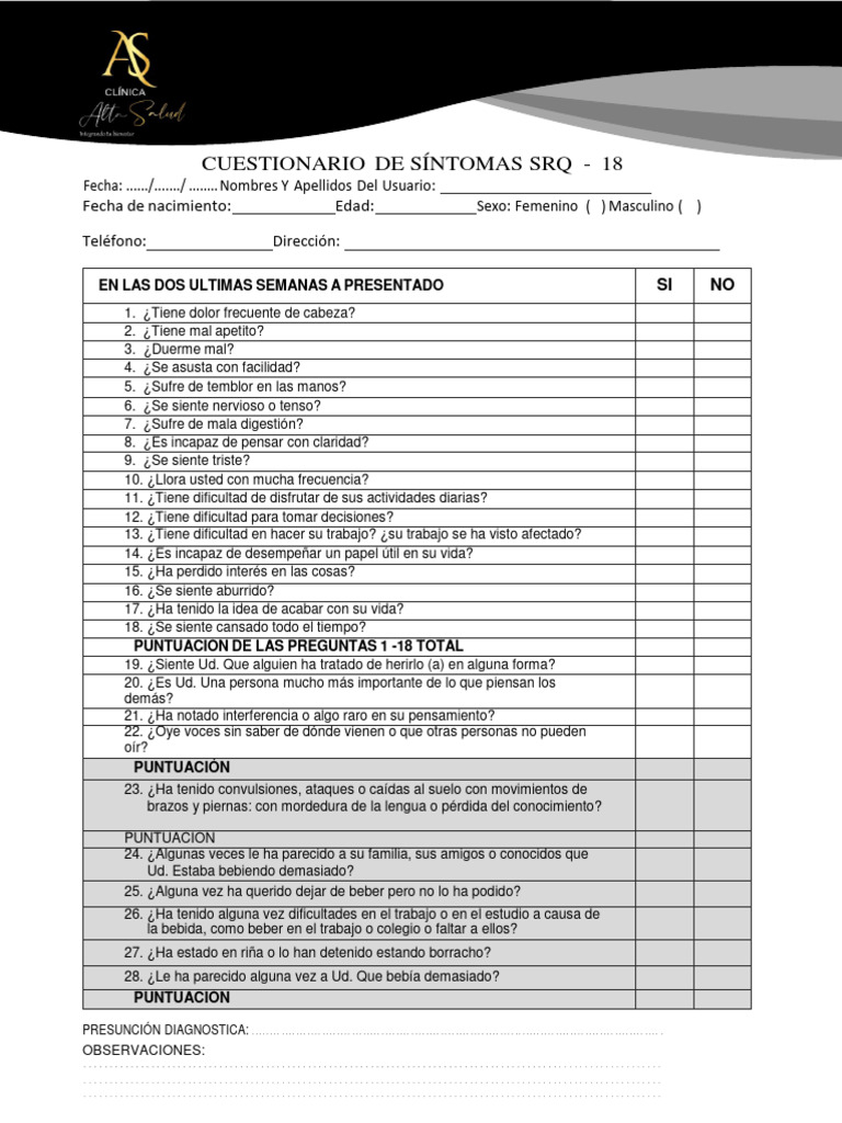 Cuestionario de Síntomas SRQ-18 | PDF | Ansiedad | Trastorno mental