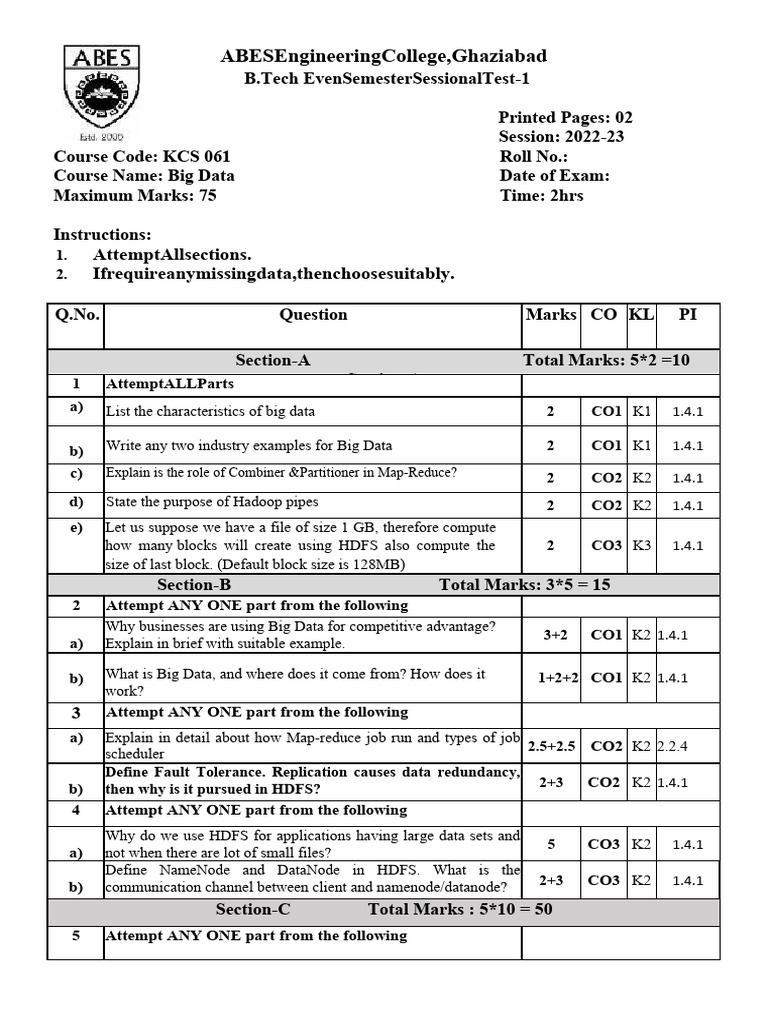 B.Tech Big Data Sessional Test 2022-23 | PDF | Apache Hadoop | Map Reduce