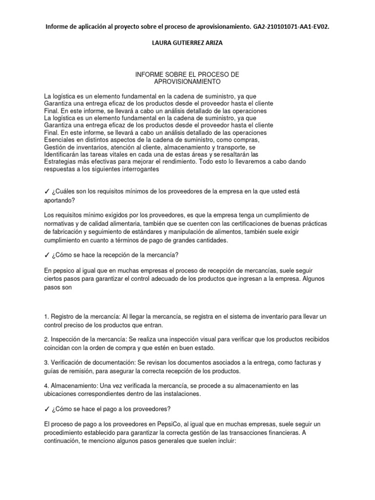 Informe sobre el Proceso de Aprovisionamiento | PDF | Logística ...