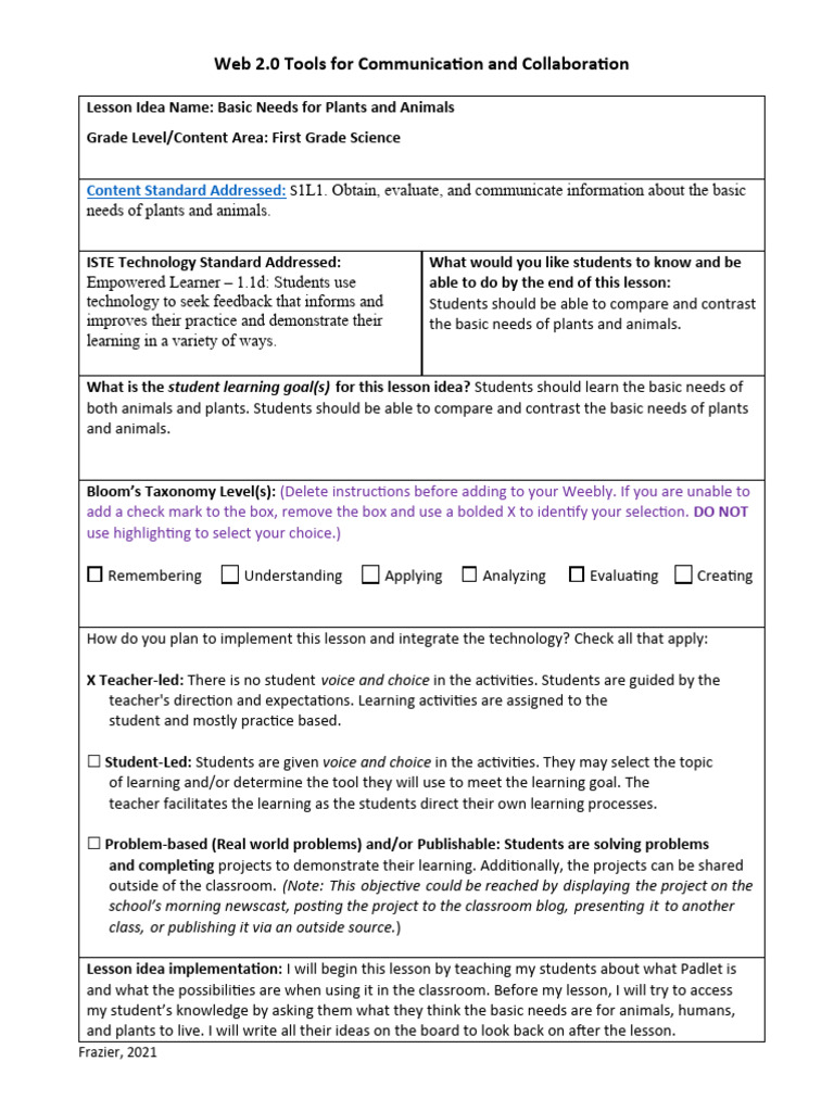 Web 2.0 Lesson on Plant and Animal Needs | PDF | Learning | Education ...
