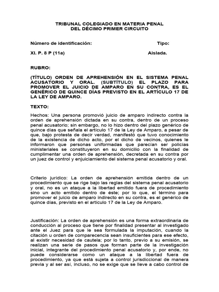 Amparo contra orden de aprehensión | PDF | Judicaturas | Ley Pública