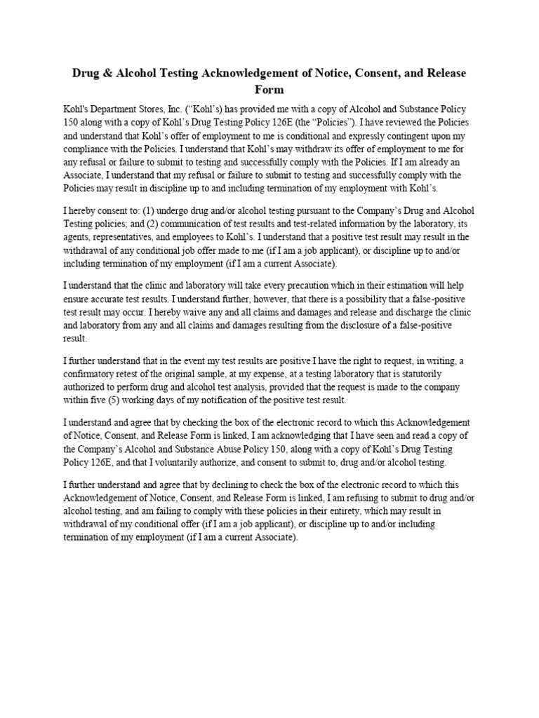 Kohl's Drug Testing Consent Form | PDF | Drug Test