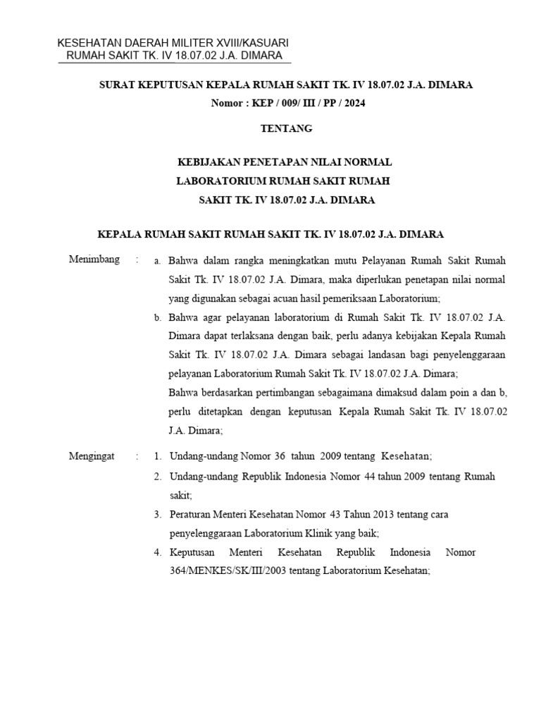 Kebijakan Nilai Normal Laboratorium RS Dimara | PDF