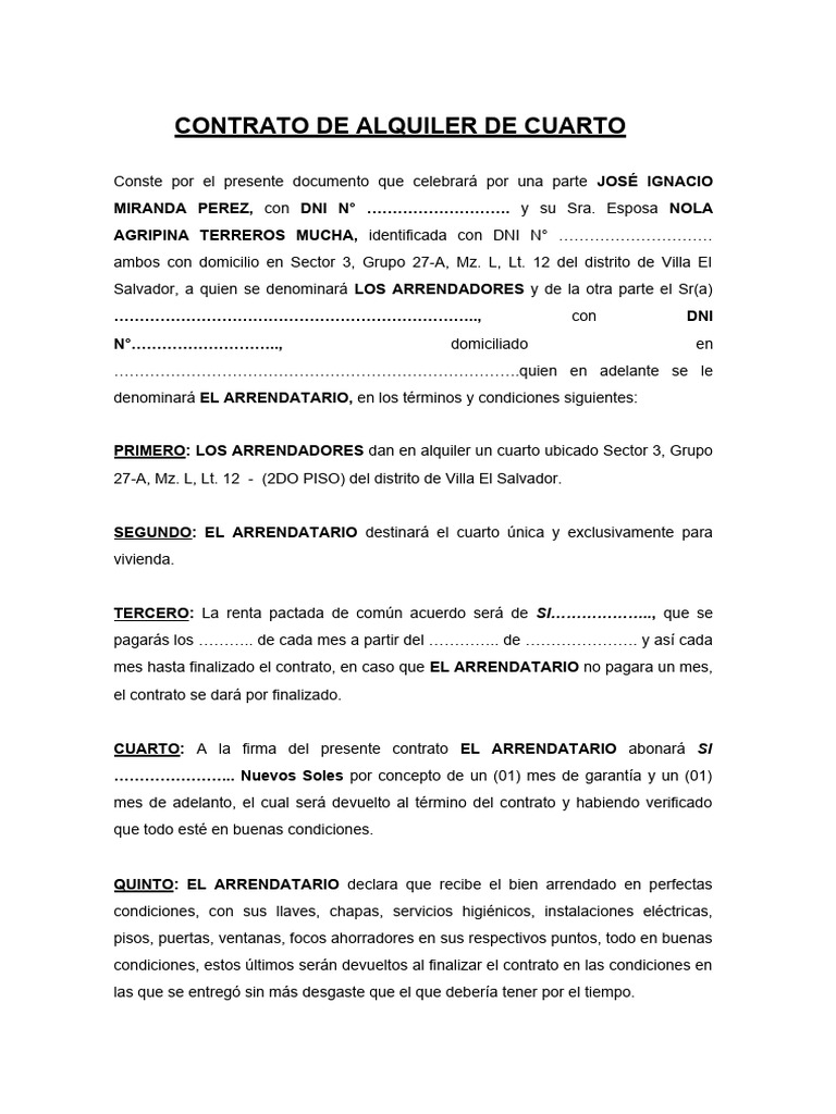 Contrato De Renta De Cuarto El Formulario Se Puede Rellenar En L Nea ...