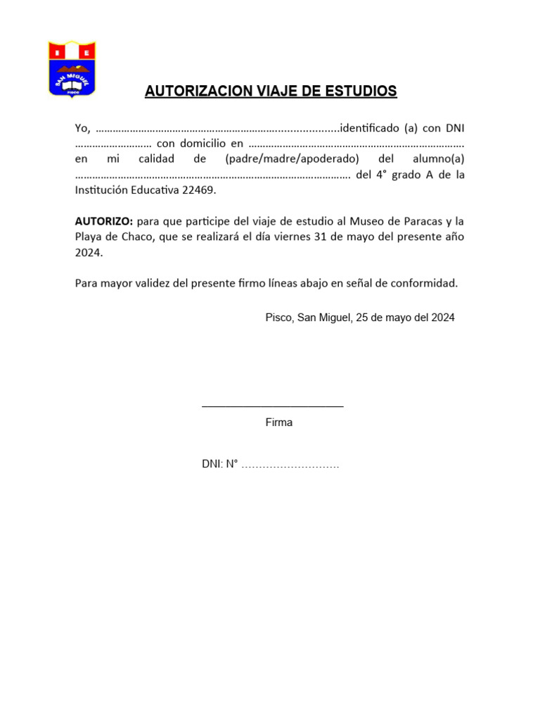 Autorizacion viaje de estudios 2024 pdf