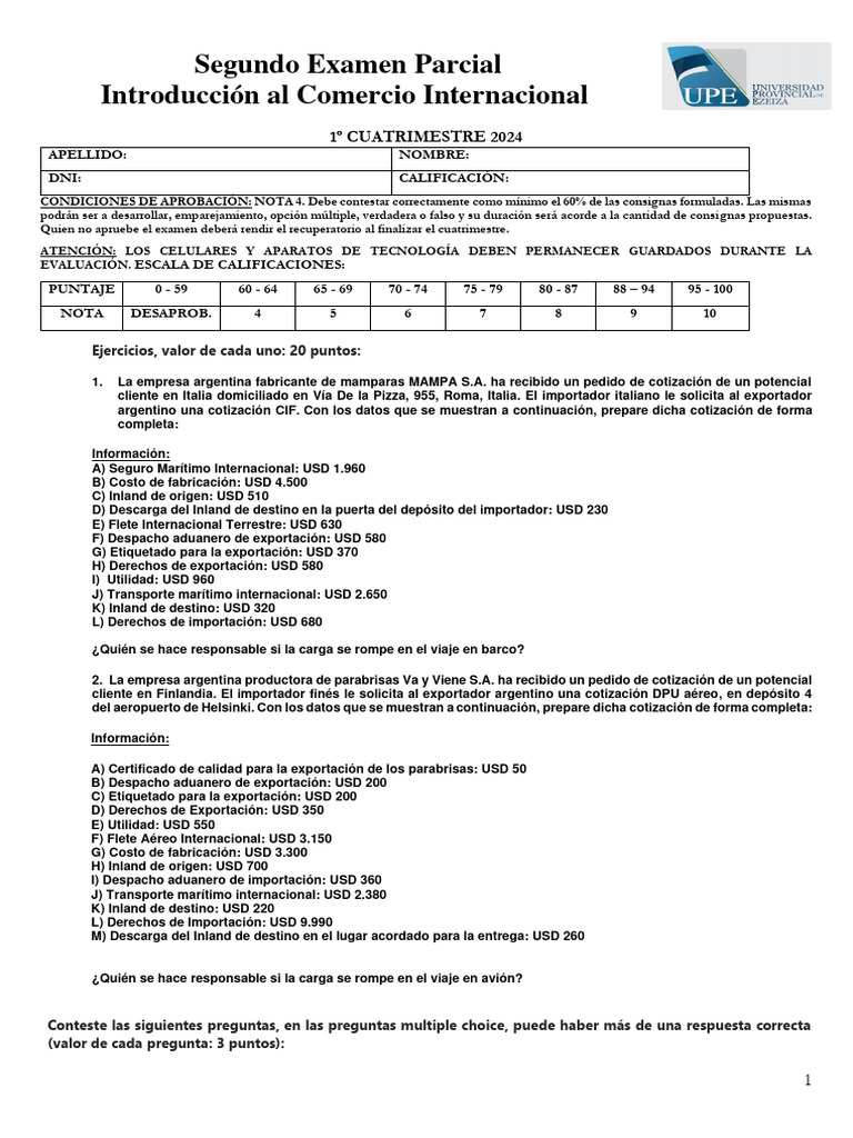 Examen de Comercio Internacional UPE | PDF | Carta de crédito | Bancos