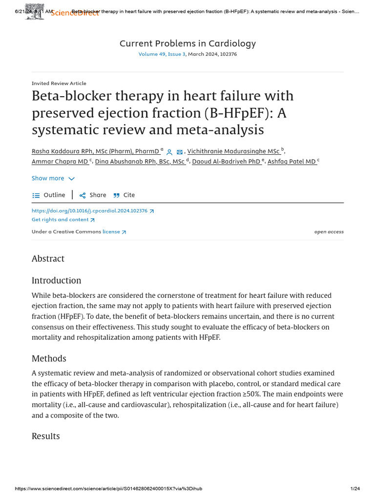 Beta-Blocker Therapy in Heart Failure With Preserved Ejection Fraction ...
