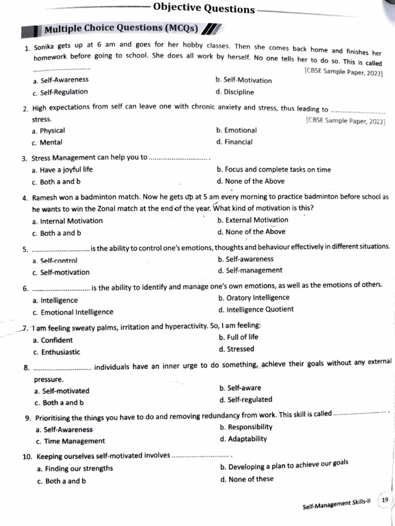 MCQs on Self Management Skills Class 10 | PDF | Motivational | Motivation