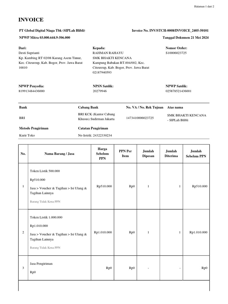 Invoice Pembelian Token Listrik SMK BHAKTI KENCANA | PDF