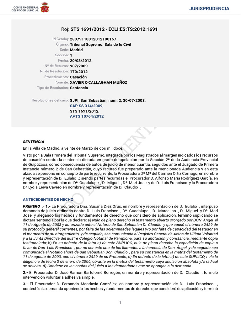 STS 1691 2012 | PDF | Sentencia (ley) | Caso de ley