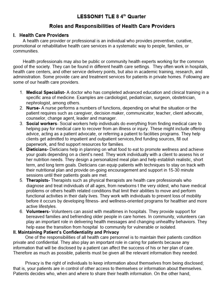 Roles of Health Care Providers | PDF | Health Care | Health Professional