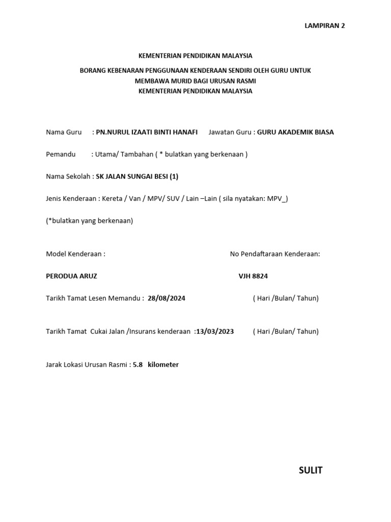 Borang Kebenaran Menggunakan Kenderaan Sendiri | PDF