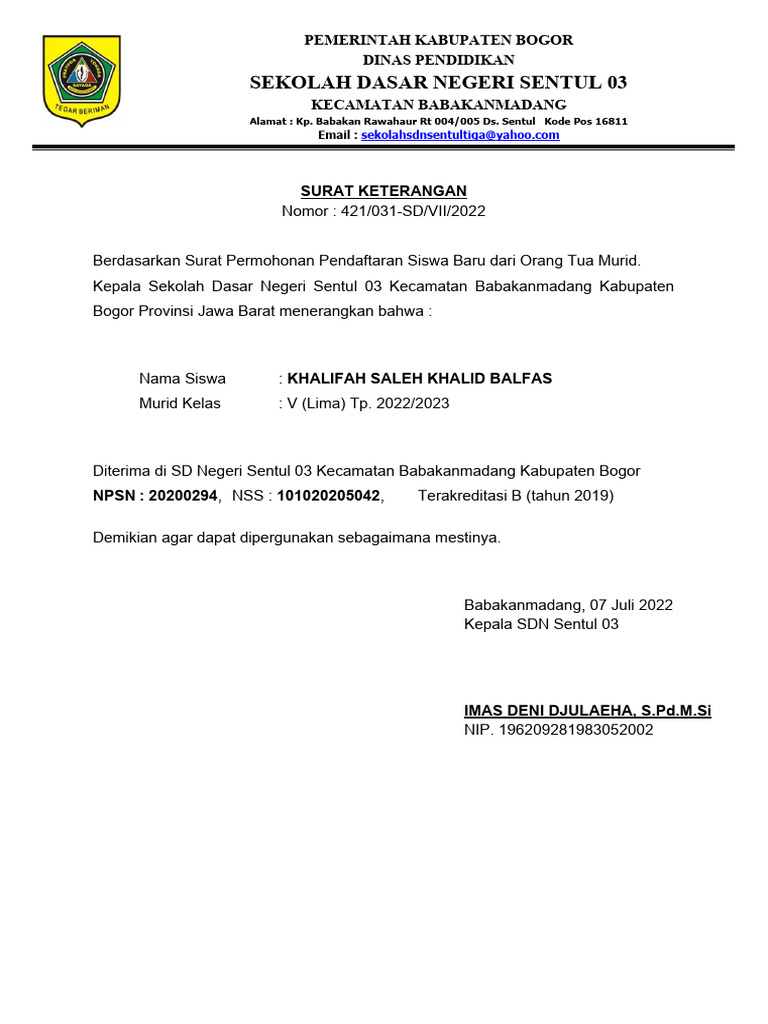 SURAT KETERANGAN DITERIMA DI SD STL 03 | PDF