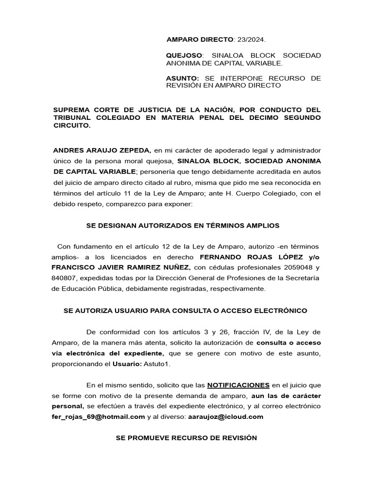 Recurso de Revisión en Amparo Directo | PDF | Caso de ley | Sentencia (ley)