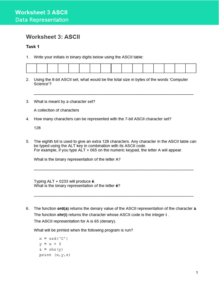 Lesson 1.1.3a Resource - Worksheet 3 Data Storage (Text) | PDF ...