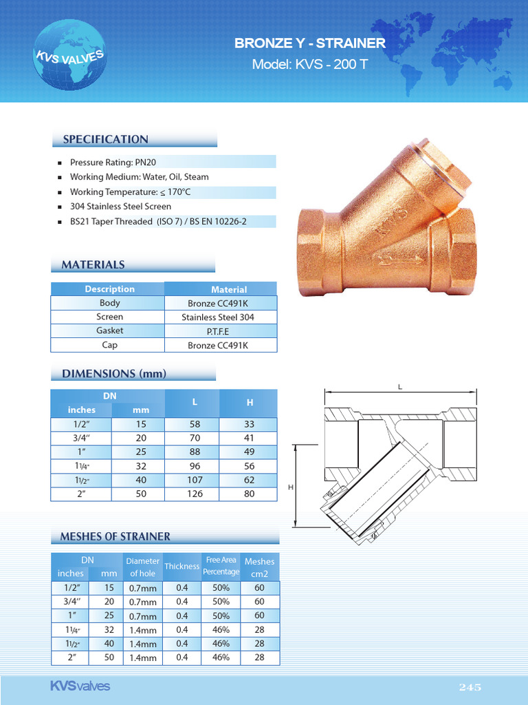 Y Strainer Specifications KVS-200 | PDF | Gases | Mechanical Engineering