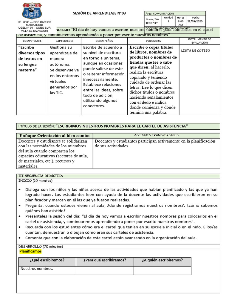 Sesion Escribimos Nuestros Nombres para El Cartel de Asistencia | PDF ...