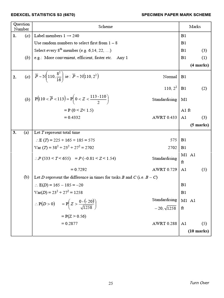 Edexcel Statistics S3 Specimen Mark Scheme | PDF | Probability Theory ...