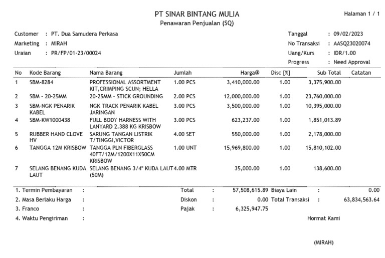 Sales Quotation for PT Dua Samudera Perkasa | PDF