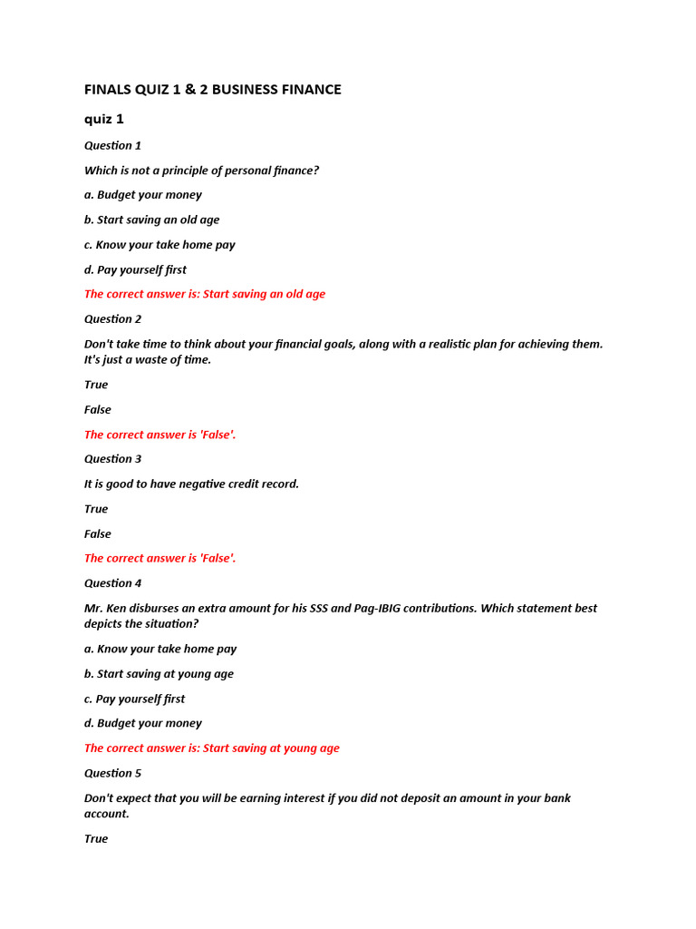 Finals Quiz 1 2 Business Finance | PDF | Interest | Banks