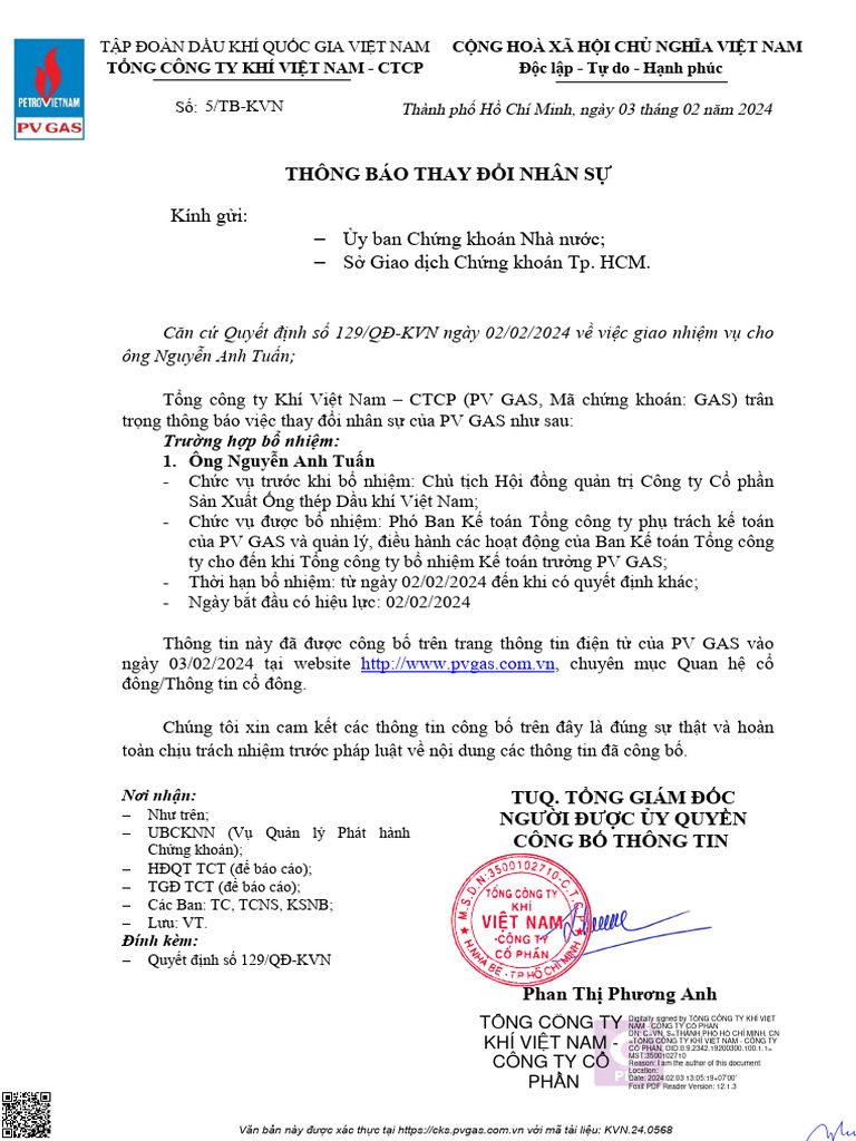 GAS - Thong Bao Thay Doi Nhan Su Ong Nguyen Anh Tuan - Daki | PDF